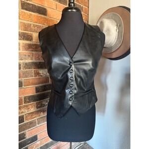 Black Faux Leather Asymmetrical Button Waistcoat Vest Medium